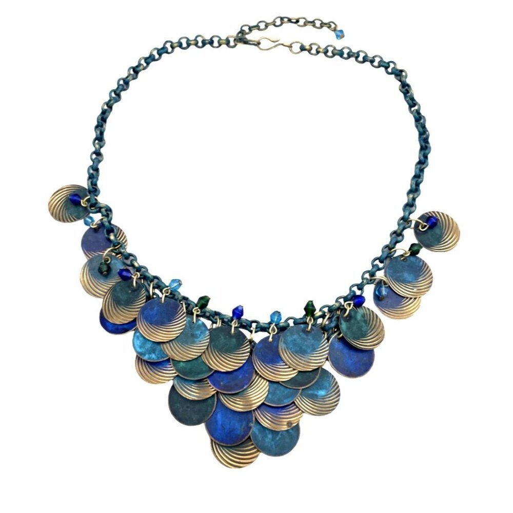 Beads Disk Bib Necklace Gold Tone Blue Hook Closure 17 to 19 Inches